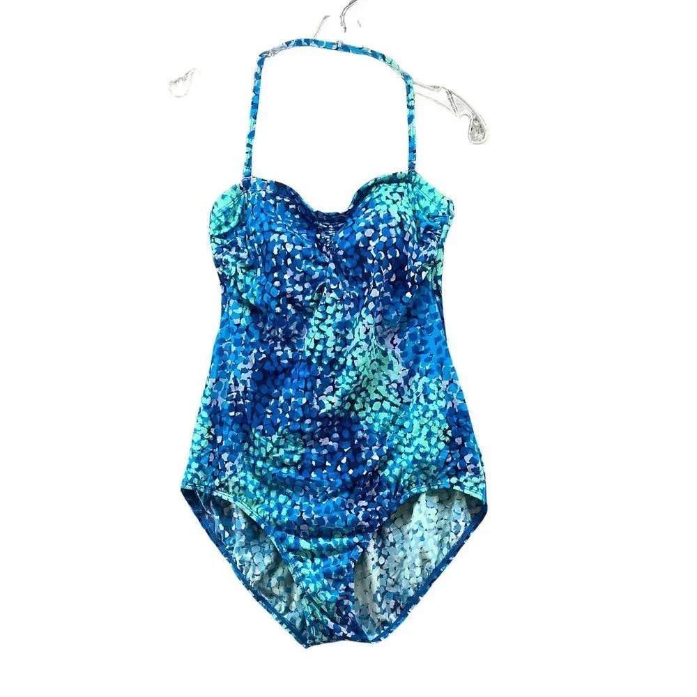 Jantzen One Piece Swimsuit Womens XL Blue Padded Halter Tropical‎ Watercolor
